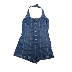 American Eagle Denim Halter Romper Blue Button Front Womens Large Dark Wash Y2K